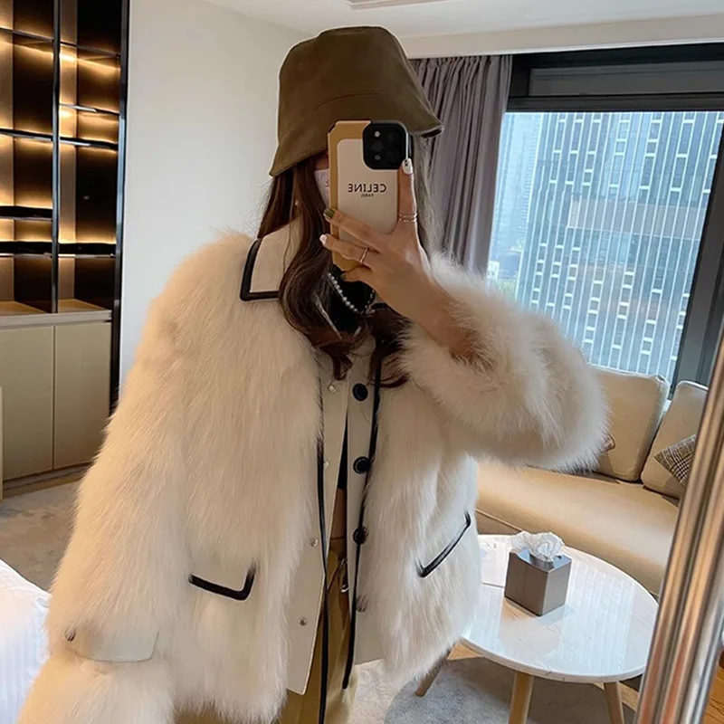 معطف فرو صناعي للنساء سترة من الفرو بأربطة وياقة مقلوبة وأكمام طويلة واحدة الصدر فضفاضة غير رسمية للمكتب للسيدات لخريف وشتاء 2025