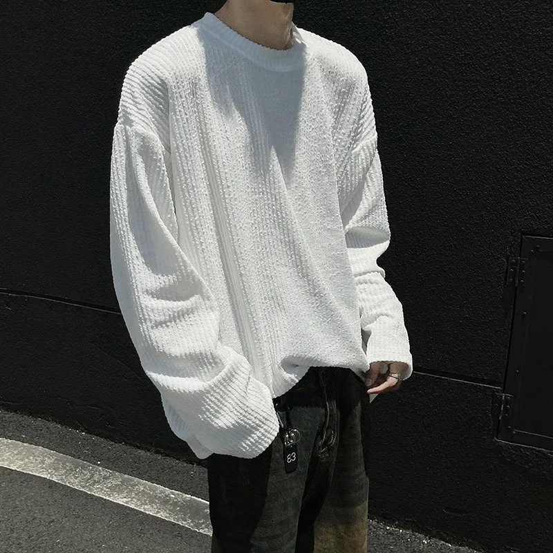 Prowow New Long Sleeved T-shirts with Lazy Drape and Loose Round Neck T-shirt Top for Men Harajuku