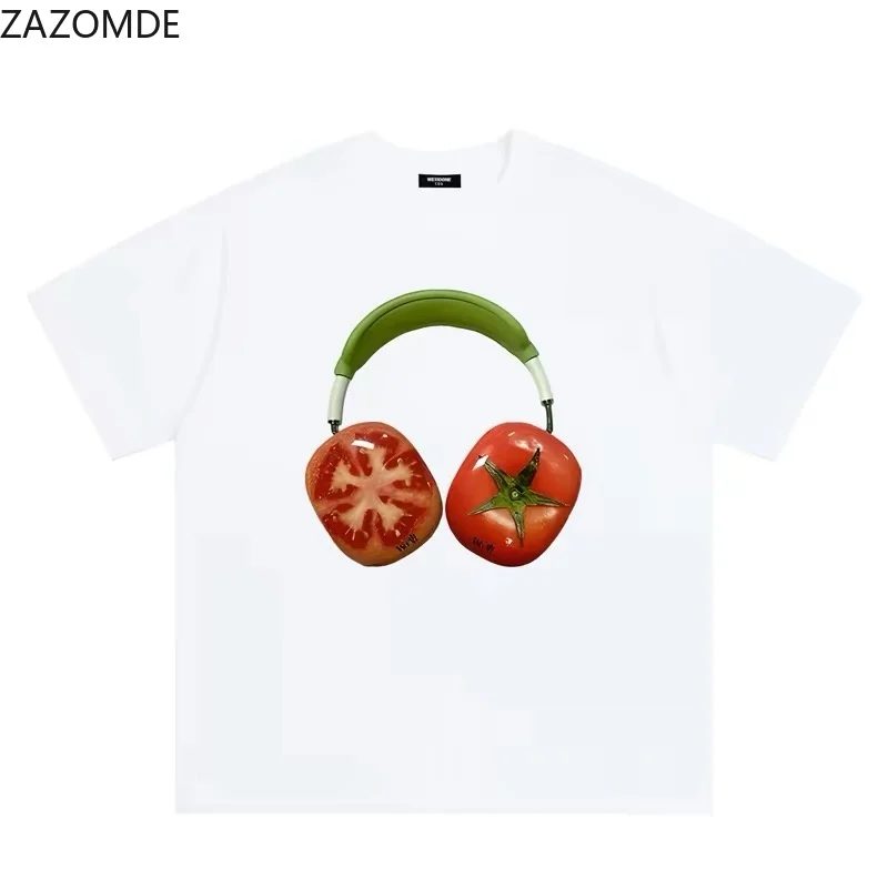 ZAZOMDE Unisex T-Shirt Creative Tomato Headphone Graphic Tee Aesthetic Round Neck Breathable Casual Streetwear Short Sleeve Tops