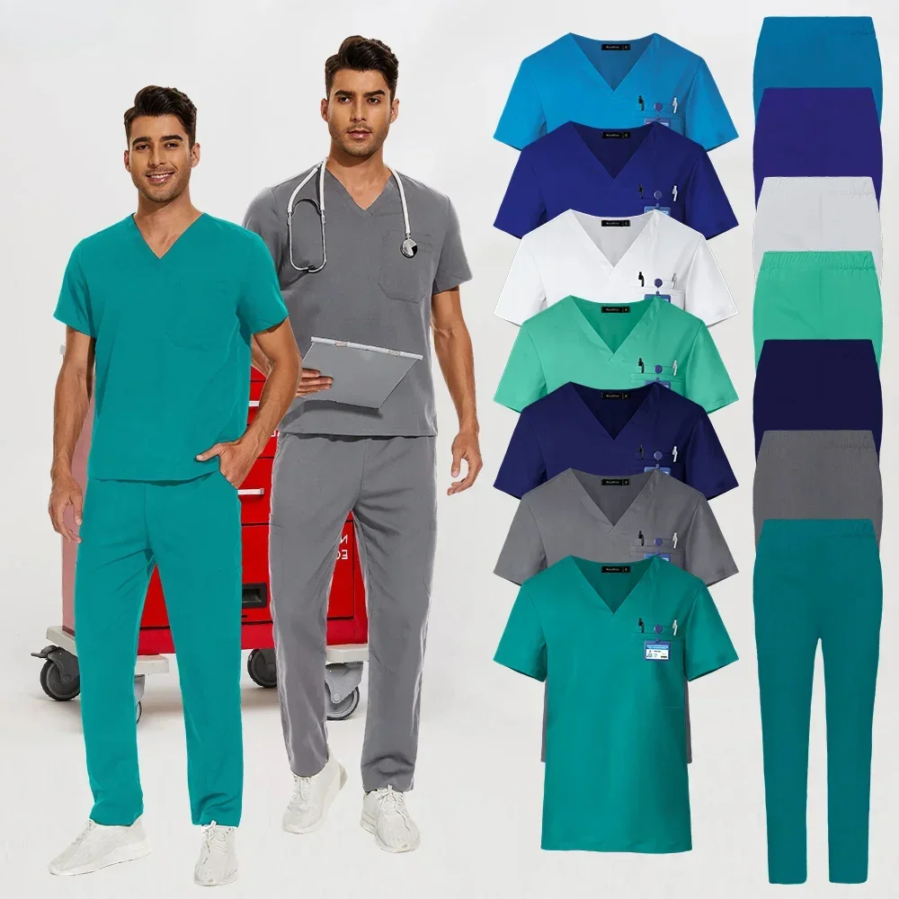 

Hospital Doctor Overalls Men's Scrubs Uniform V-neck Fashion Scrub Pharmacy Nurse Clothes Set Male