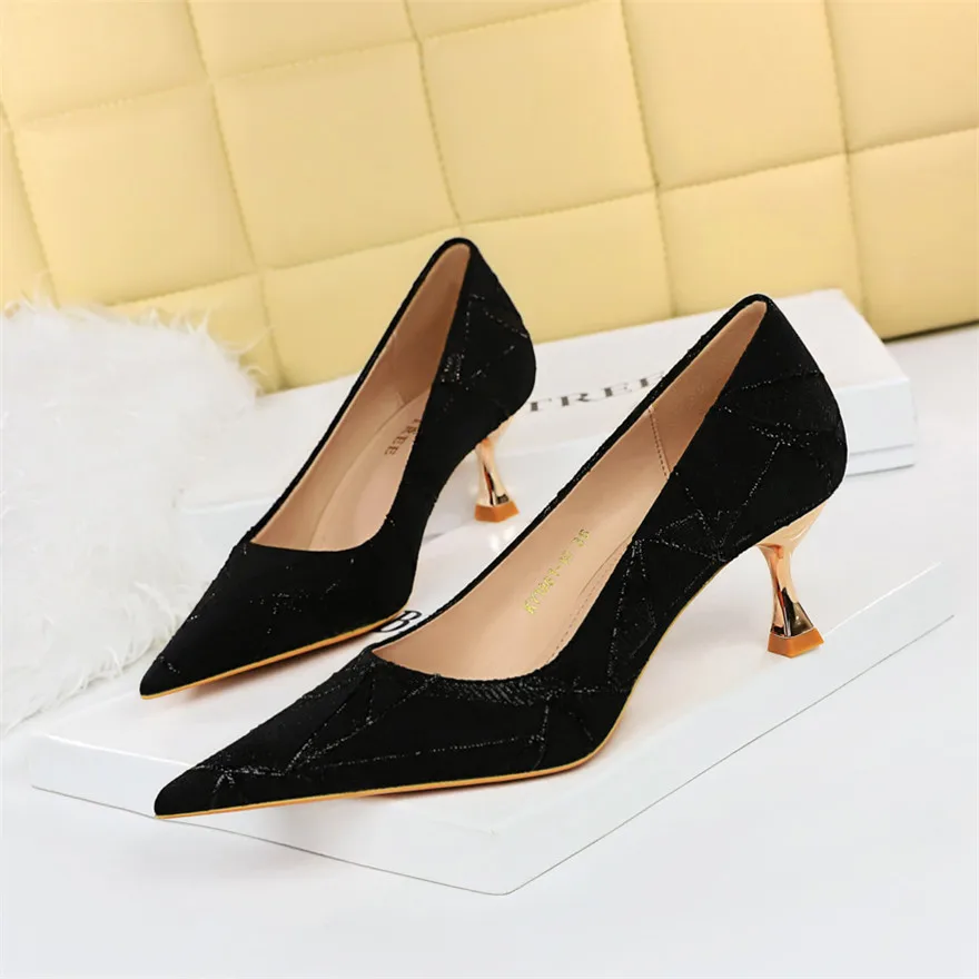 5.5CM Metal Heel Comfort Ladies Office Shoes 2025 New Pointed Toe High Heels Women Black Apricot Soft Fabric Fashion Dress Pumps