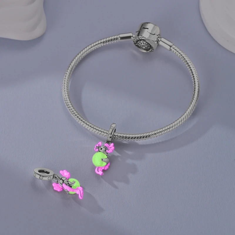Lnlaid مع الزركون تاج خرز تميمة 925 فضة الوردي روبوت القلطي استرخى ل سوار الأصلي Charms قلادة مجوهرات