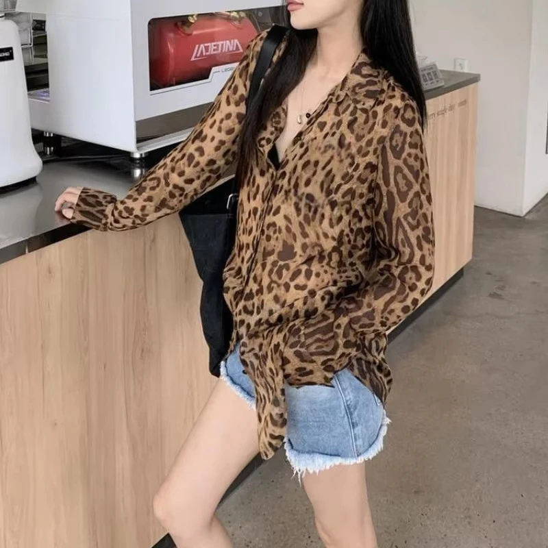 Retro Leopard Print Chiffon Sunscreen Shirt Women's 2026 Summer Design Sense Niche Micro-transparent Loose Sunscreen Top