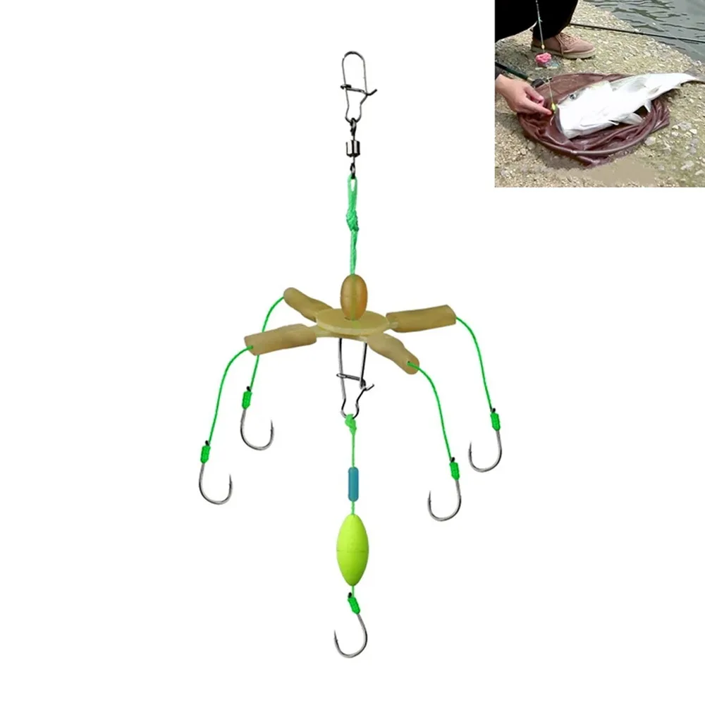 1x High Carbon Steel Explosion 5 Hooks Fishing Lure Bait Carp Trap Feeder Cage Sharp Fishing Hook with Line Pressing Board