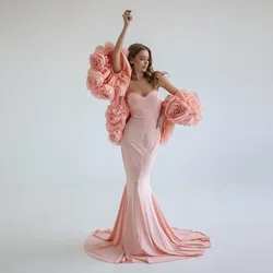 Couture abiti da sera a sirena elasticizzati rosa pesca con giacca floreale in Organza 2 pezzi abiti da sera a fioritura modesta