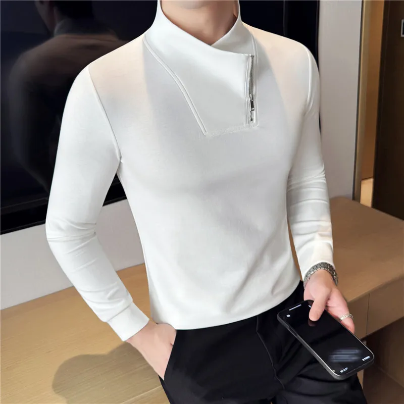 Fashion Zipper Semi High Neck Elastic T-shirt for Men Slim Fit V-neck Long Sleeved Base Shirt Versatile Casual Business Tee Tops