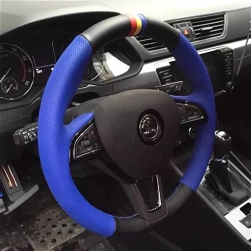 

Сшитый вручную черный, синий чехол на руль из натуральной кожи для Skoda Octavia 2017 Fabia 2016 2017, Rapid Spaceback 2016