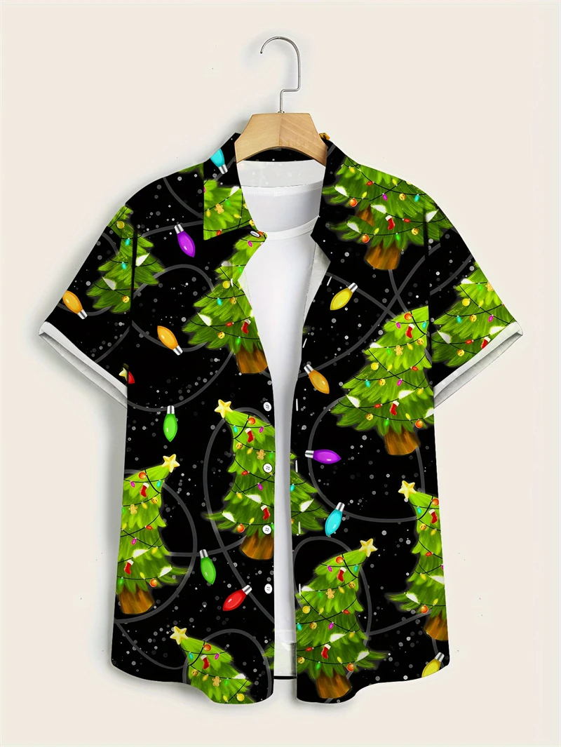 New Santa Claus Pattern Hawaiian Shirt for Men, Unisex Fashion Cartoon Shirt, Short-Sleeve Top, Christmas Holiday Vacation Top