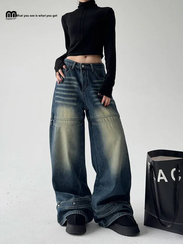 

Свободные женские джинсы с заклепками Old Sle Fce на подкладке, широкие длинные брюки с высокой талией, хлопковые эластичные джинсовые модные модные джинсы