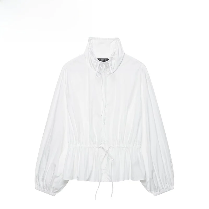 Fashionable Nylon Jacket Stand Collar Embellished Versatile Elegant Women's Short Outerwear Long Sleeve Zipper Closure