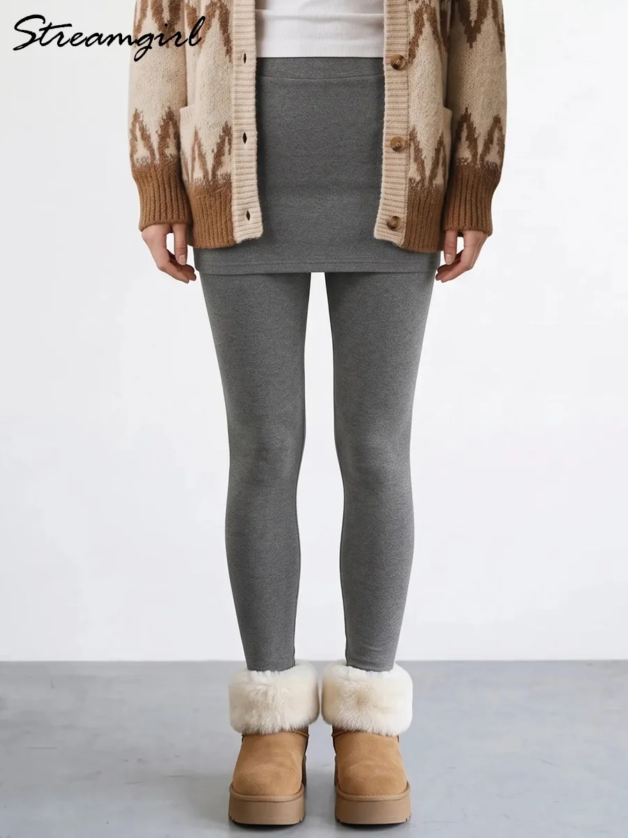 Women's Fleece Lined Fake Two-Piece Leggings With Skirt Autumn Winter High Waist Basic Solid Slim Thick Warm Pants Trousers Lady