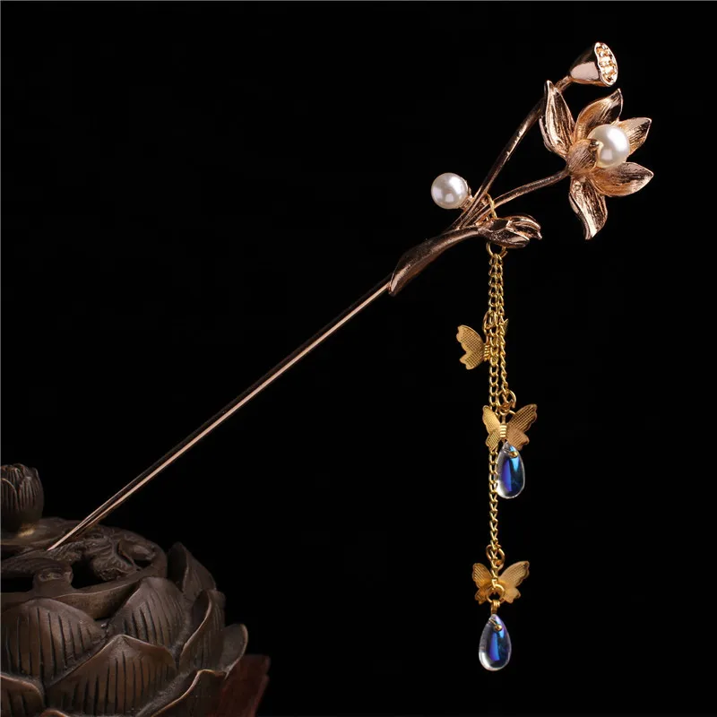 Flower Hair Stick With Butterfly Tassel Hanfu Tassel Headpiece Women Hairpin Wedding Party Headwear Headpiece