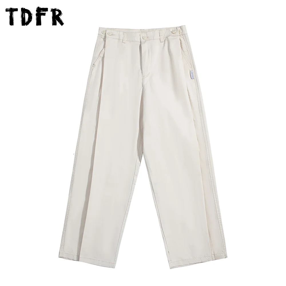 

Simple Solid Color Cargo Pants Mens Amekaji Button Decoration Casual Loose Wide Leg Trousers Pants Men