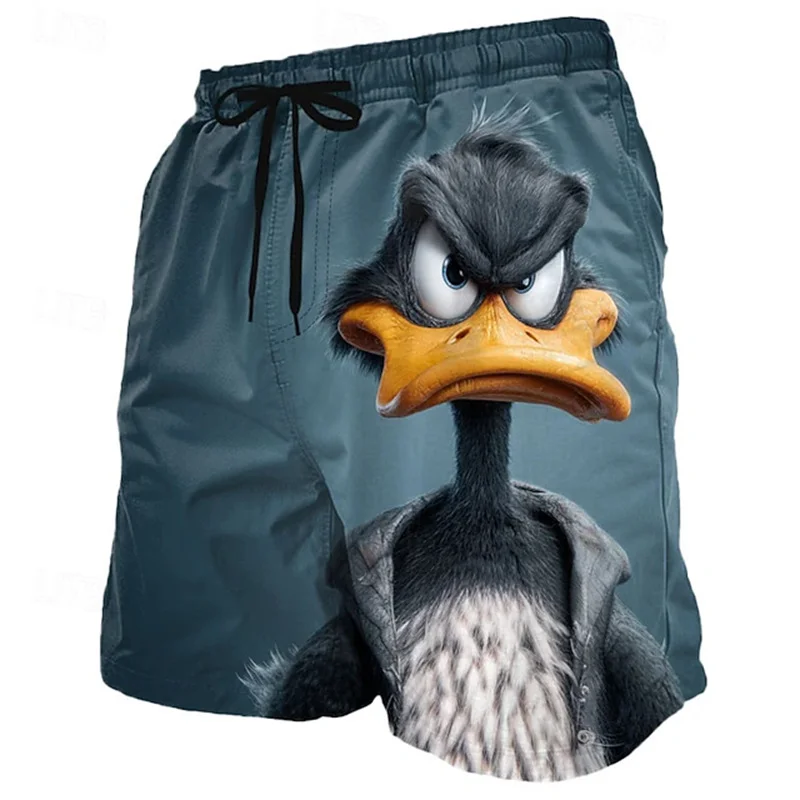 Summer Men Cartoon Duck 3D Print Board Shorts Quick‑Dry Swim Trunks Elastic Drawstring Waist Side Pockets Novelty Beach Shorts