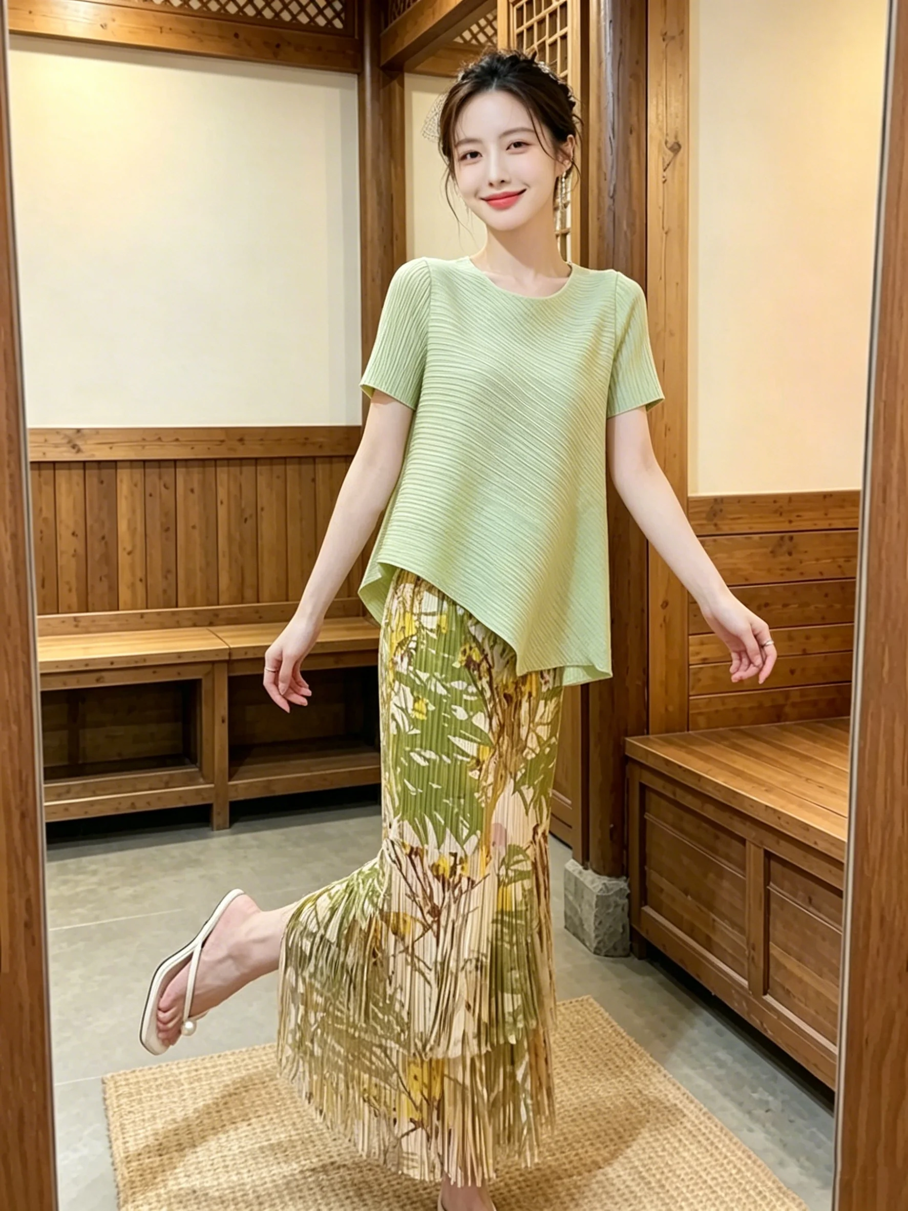

Sweet Summer Korean Style Women's Comfortable Asymmetrical Loose Top Tassel Print Skirt Set Three Houses Art Creation