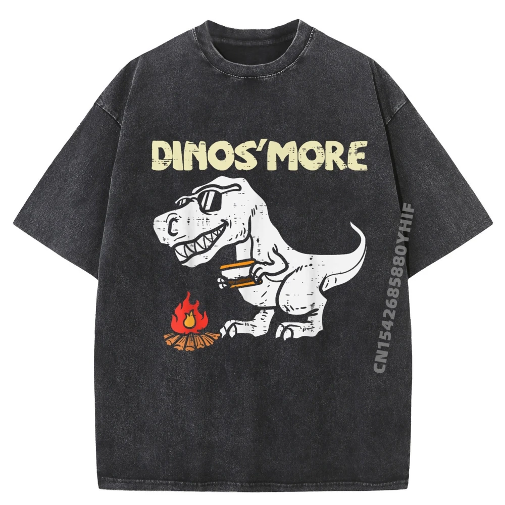 

Dino Smore Funny Camping Trex Dinosaur Camper Kids Boys Streetwear Male New Shirts And T-Shirts Trendy Washed Tops Vegan