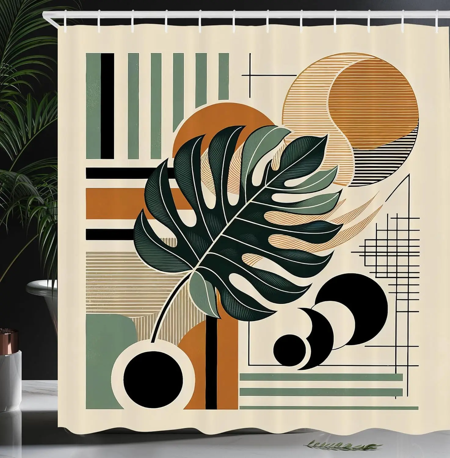 

Занавеска для душа Ambesonne Monstera, абстрактный стиль середины века в стиле бохо с тропическими листьями, полосатый фон, тканевый банный халат