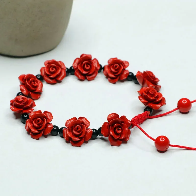 Red Cinnabar Rose Flower Beads Bracelet Designer Gift Jewelry Luxury Energy Real Vintage Bangle Natural  Amulet Customized