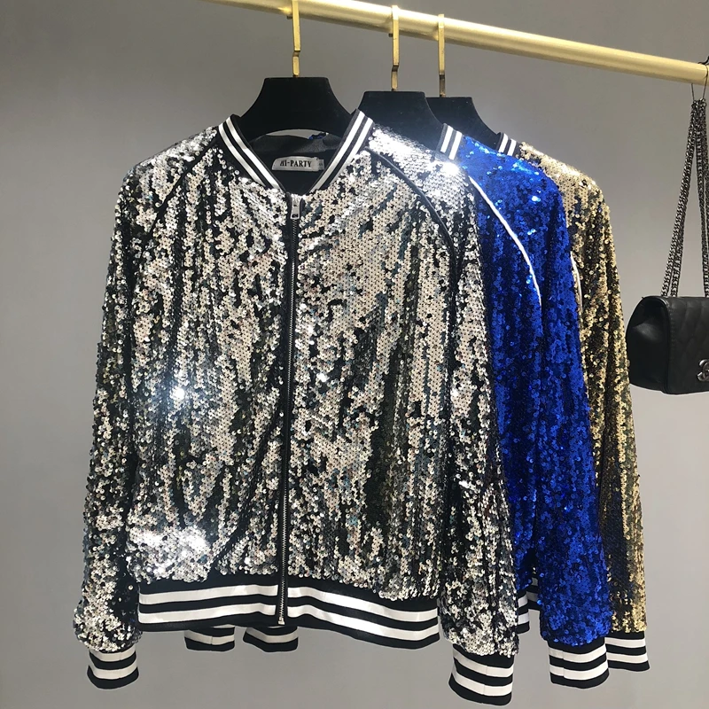 Fashion Personality Sequins Baseball Uniform Popular Logo Small Coat Female Jacket INS Web Celebrity Shiny Coat