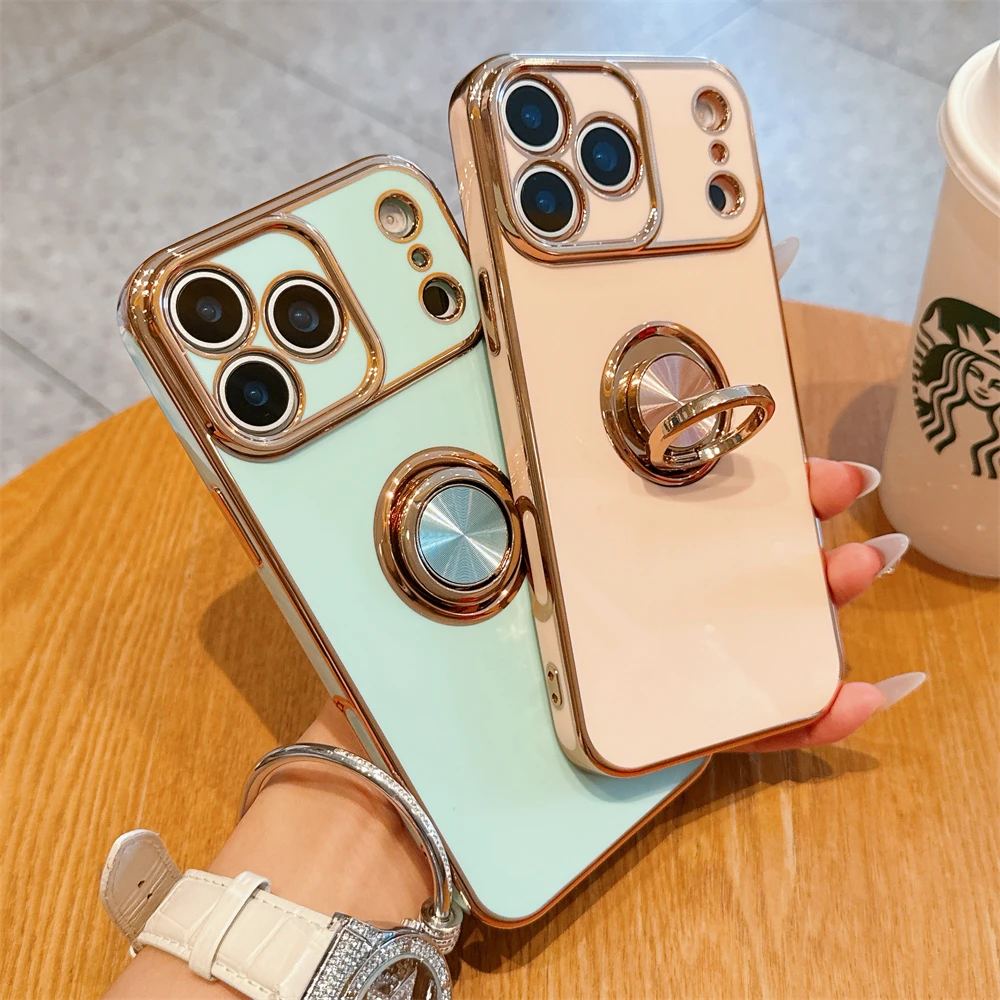 Fashion With Ring Holder Phone Case For iPhone 11 12 13 14 15 16 Pro Max 17 Air Plus X XS XR Plating Silicone Shockproof Cover