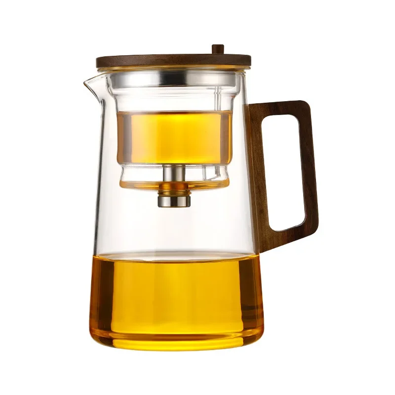 High  End Tea Set  One   Click Filter Glass Cup with Walnut Handle, Heat  Resistant All  Glass Liner for Tea  Water Separation