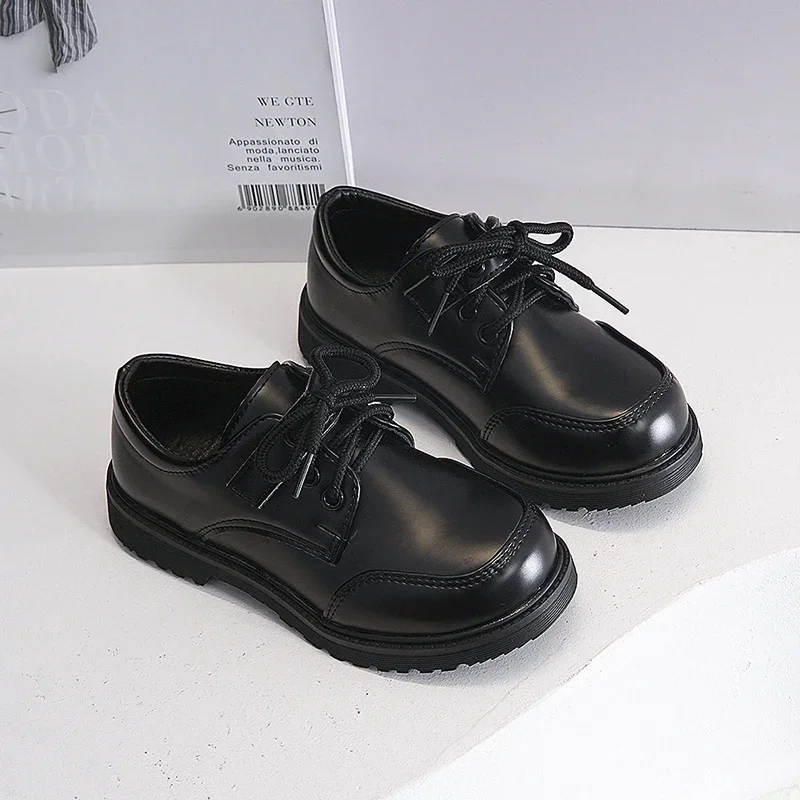 2024 Four Seasons Children Leather Shoes for School Black Glossy Britain Style UK Uniform School Shoes Kids Performance Loafers