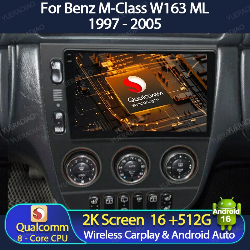 Android 16 Car Radio For Benz M-Class W163 ML320 1997 - 2005 Multimedia Video Player AI Voice CarPlay Auto GPS NAVI 4G WIFI QLED