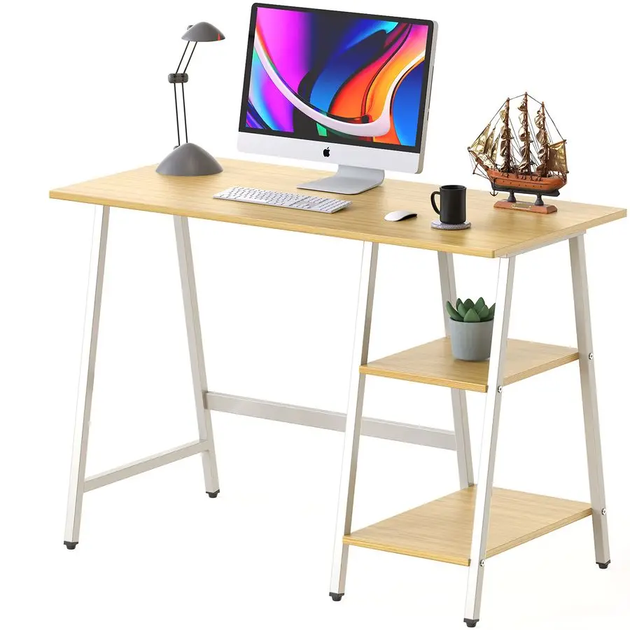 

43Inch Home Office Trestle Computer Desk with Open Storage Shelves, Oak