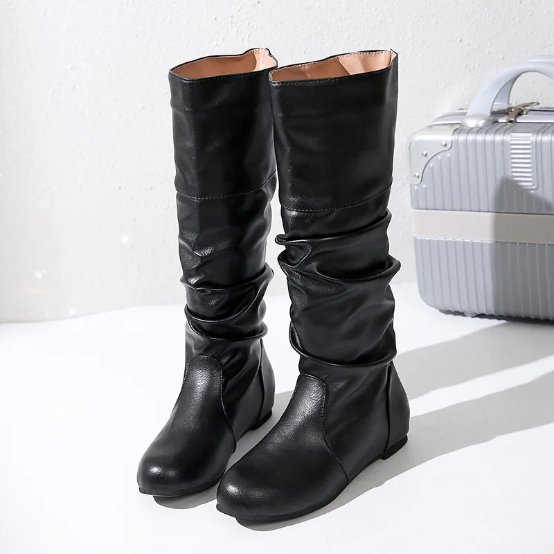 AIYKAZYSDL Wrinkle Slouch Knee High Boots Women Girl Long Boots Flat Heel Shoes Preppy Style PU Leather Ridding Knight Boots 43