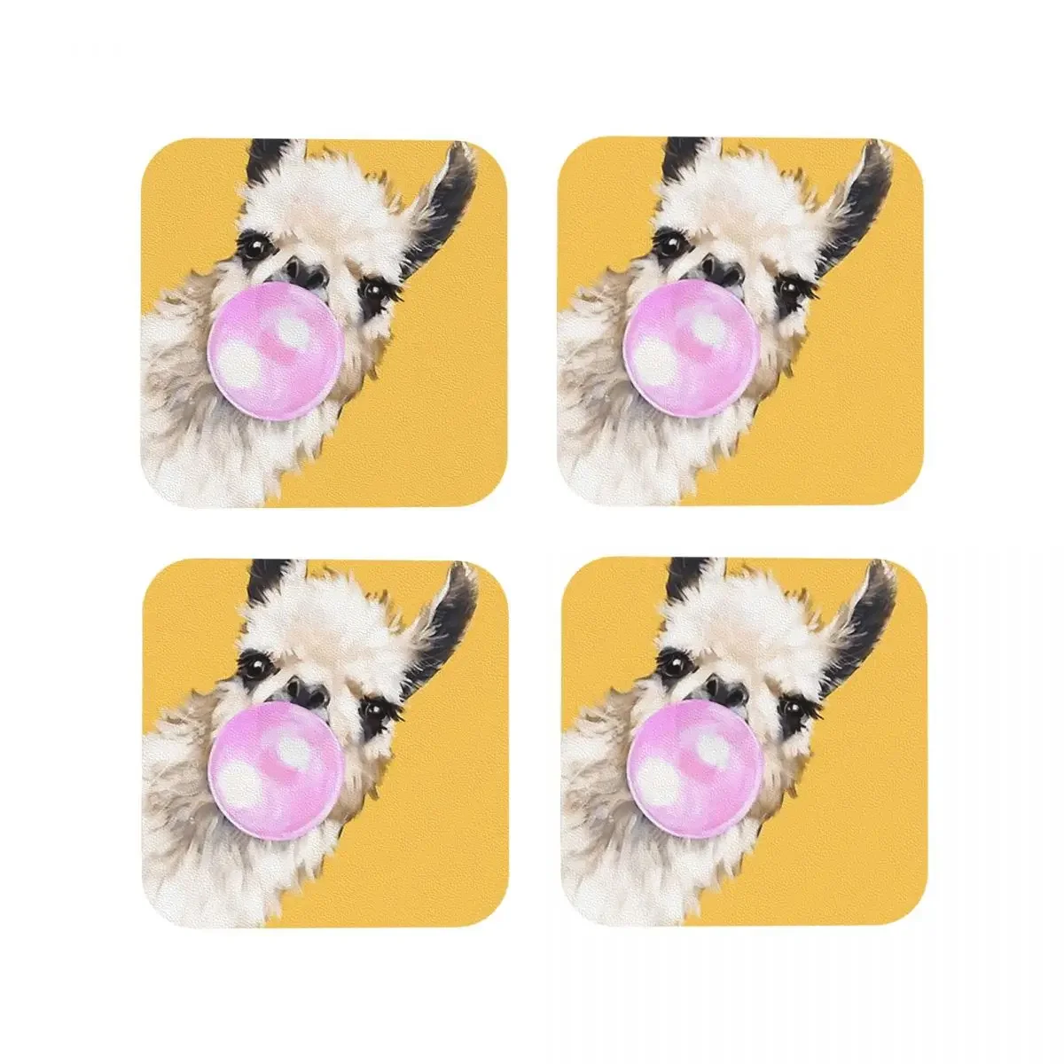 Bubble Gum Sneaky Llama In Mustard Yellow Coasters Kitchen Placemats Cup Coffee Mats For Decor Home Tableware Pads Set of 4