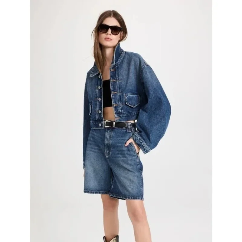 KH @ IT-Long-Sleeved Denim Jacket for Women, Versatile Casual Jacket, Y2K Coat, Short Dress, Navy Blue, New