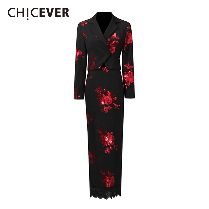 

CHICEVER Hit Color Spliced Sequins Two Piece Set Female Lapel Long Sleeve Jacket Office Lady Chic Women's Skirt Sets Fashion New
