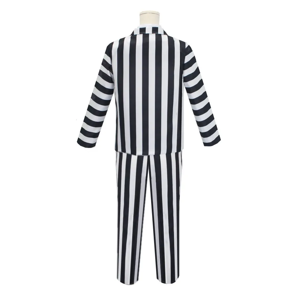 Anime Cosplay Beetle Juicee Men Black and White Striped Suit Scary Halloween Costumes Wig Tie Shirt for Cosplay Party