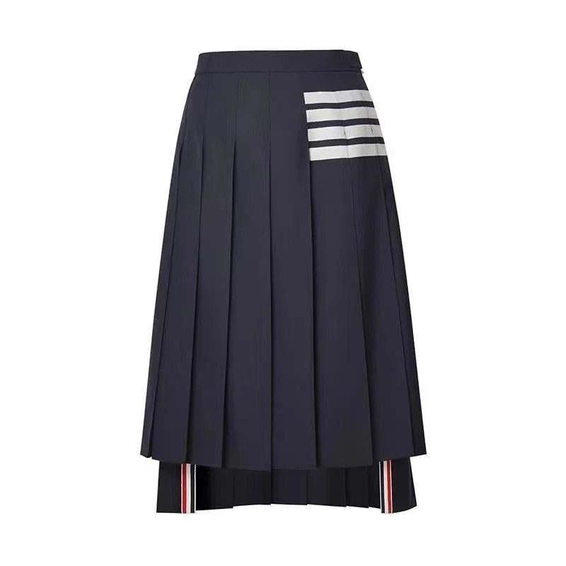 Brand TB Skirt Summer Preppy Style Classic Striped Long Pleated Skirts Women Korean Fashion White Four Bars Mid Length faldas