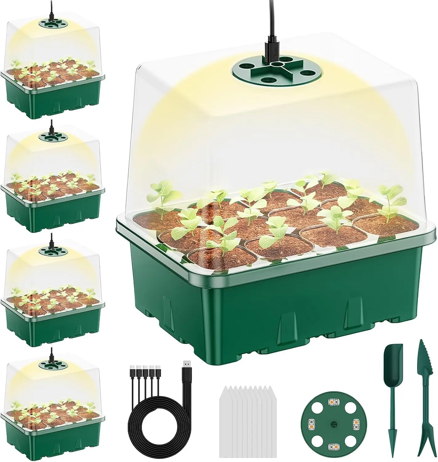 

Seed Starter Tray with Grow Light, 5 Pack 60 Cells Seed Starter kit with Humidity Dome and Base, Plant Seedling Trays In