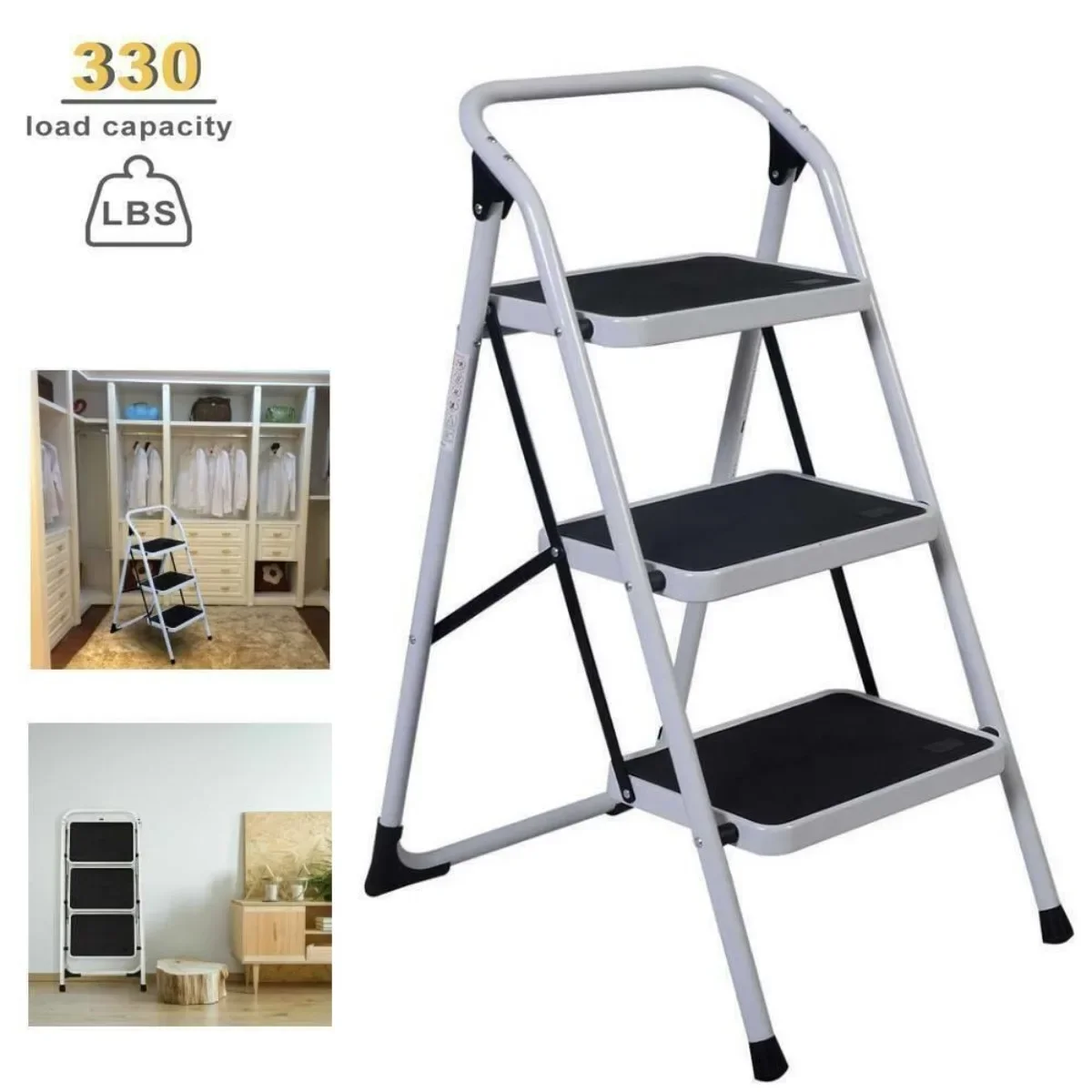 US- 3 Steps Ladder Folding Non Slip Safety Tread Heavy Duty Industrial Home Use New