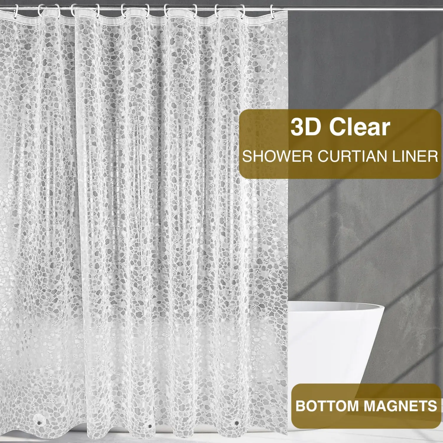 

1pc Bathroom Shower Curtain Liner with Bottom Magnets, 3D Frosted Pebble Plastic Shower Curtains, Heavy Duty Shower Liner