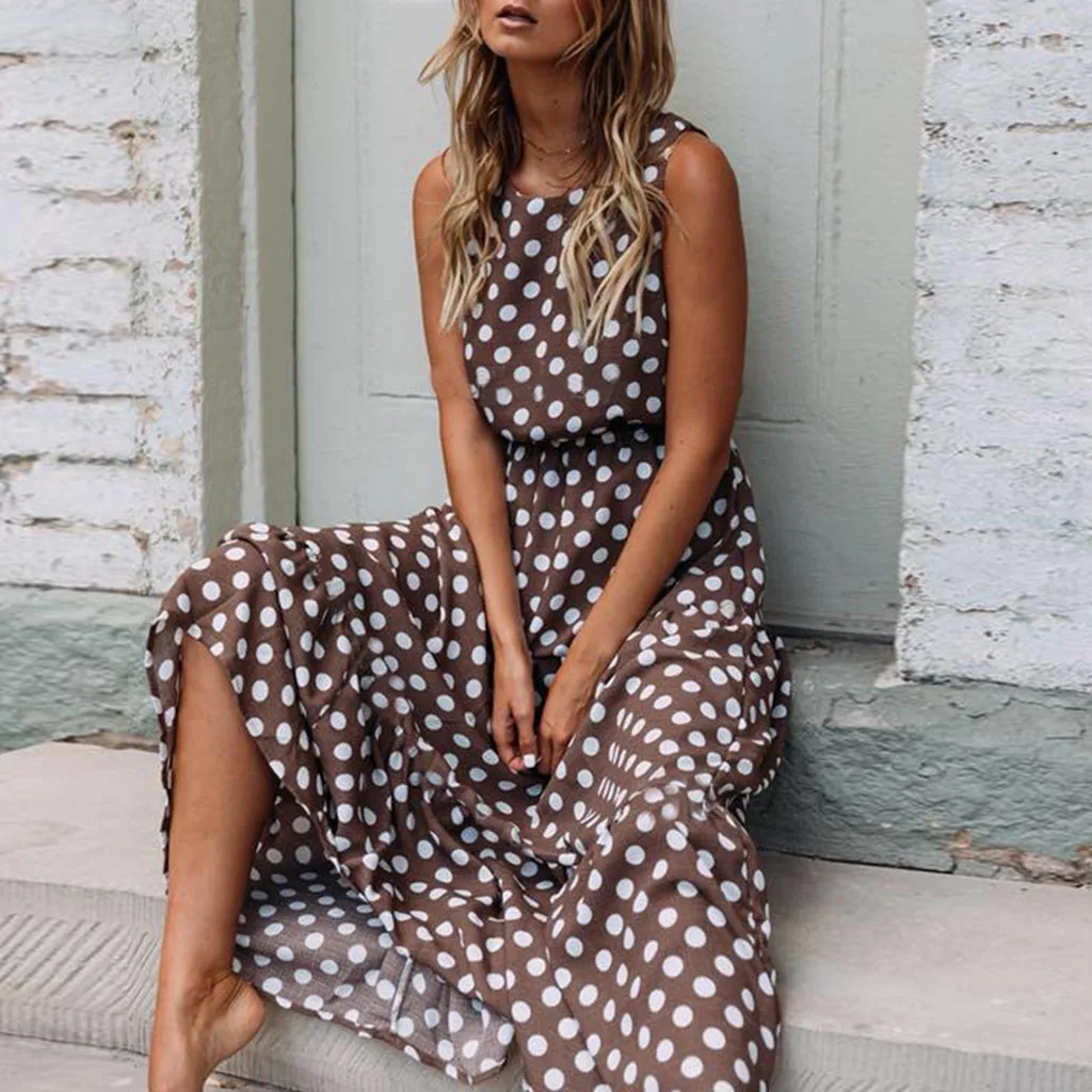 Polka Dot Boho Sundress Women Summer Beach Maxi Long Dresses Sexy Elegant Sleeveless Belts Evening Party Dress Vestido De Mujer