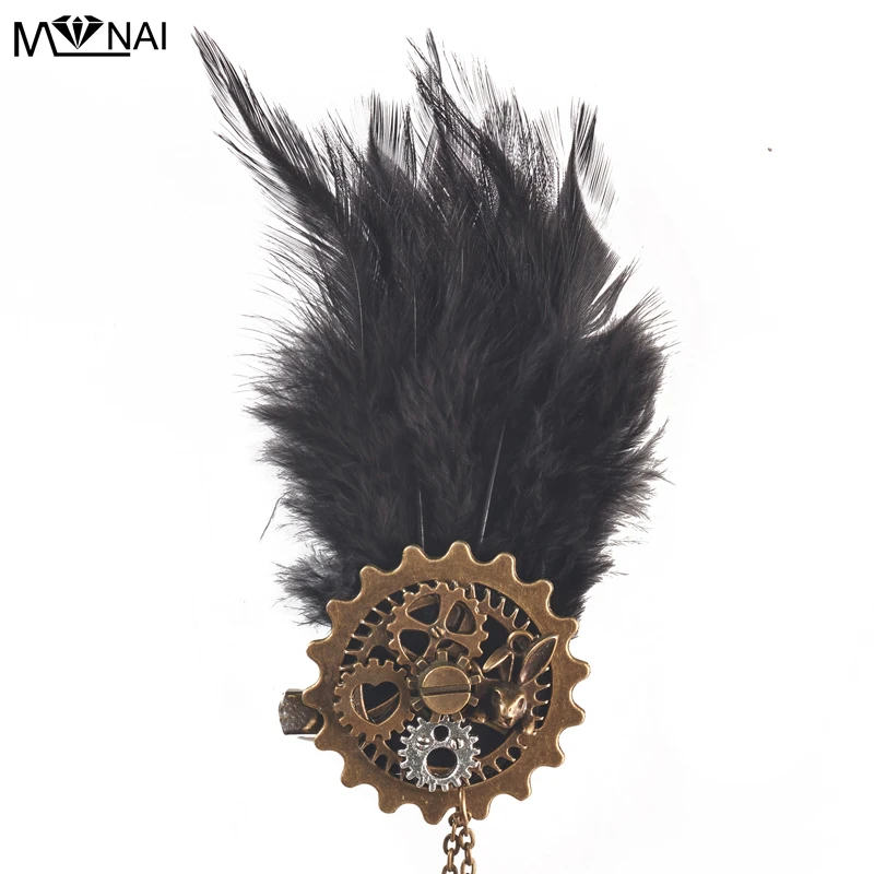 

Men Women Brooch Punk Gears Feather Badge Gothic Vintage Hair Clip Lolita Headwear Accessories