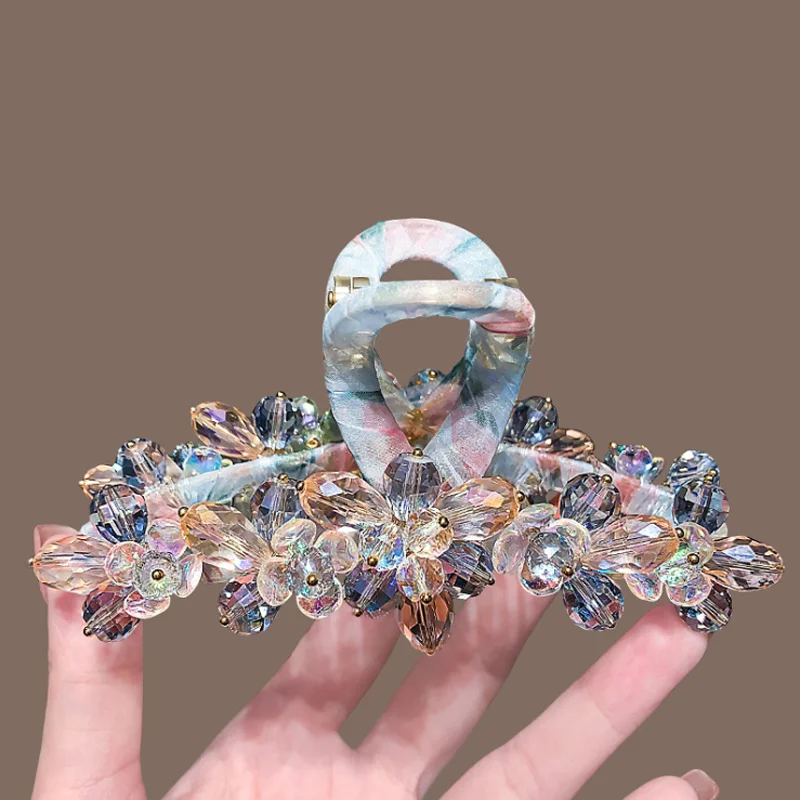

Handmade Colored Crystal Flower Large Hair Claws Clip Exquisite Back Head Large Capacity Shark Clip Sweet Hairpin Accessories