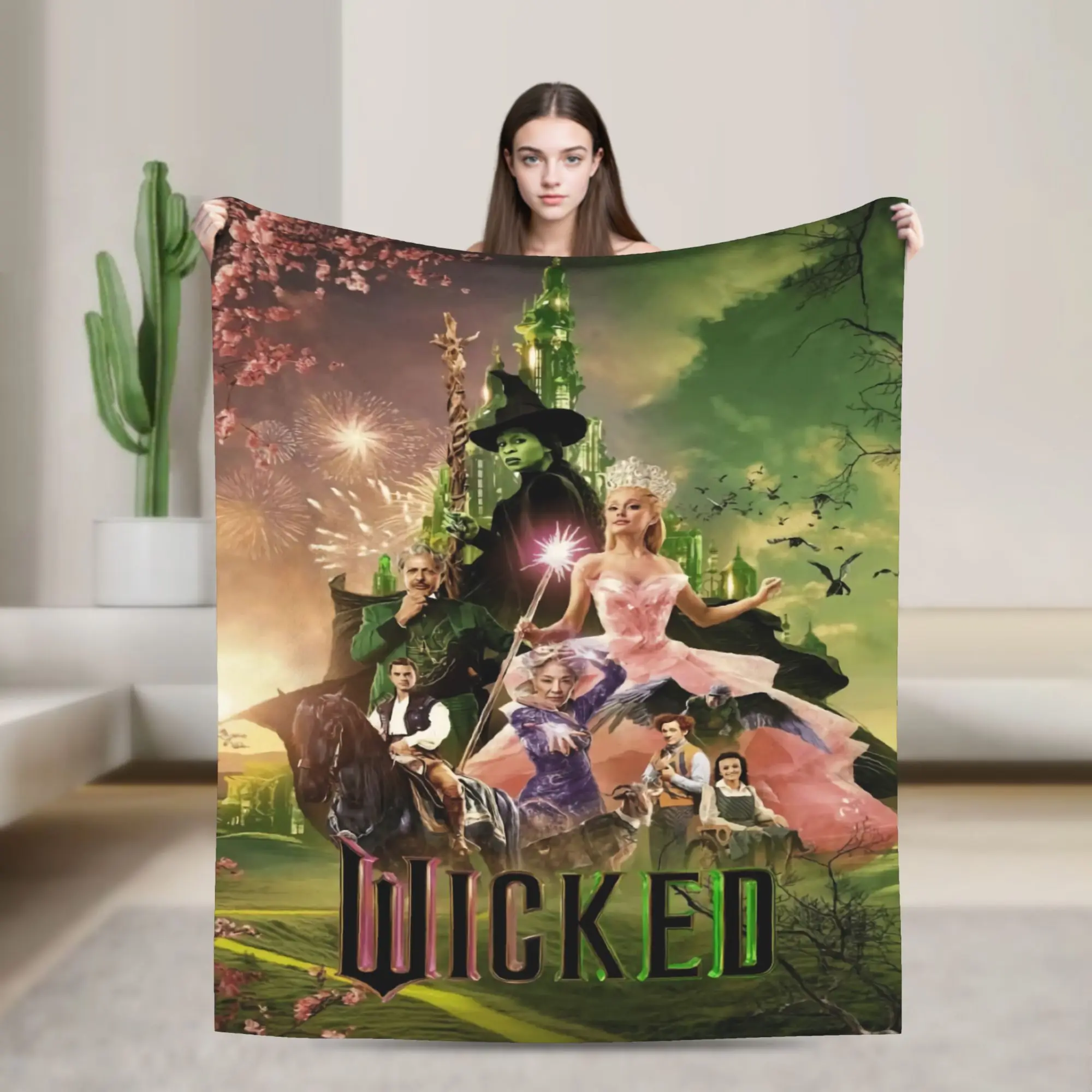 Wicked For Good Glinda und Elphaba Decke, weiche, warme Grafik-Plüsch-Überwurfdecke für Picknick im Freien, Flanell-Tagesdecke, Bettdecke