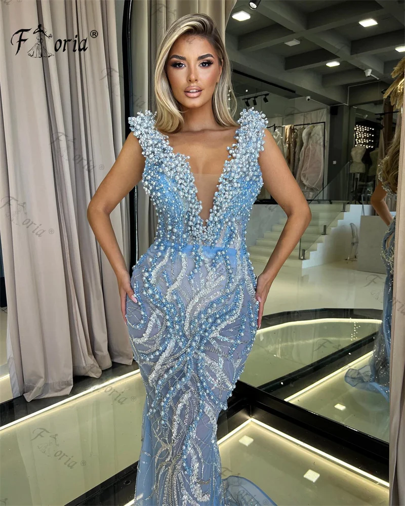 Gaun malam Formal putri duyung Dubai cantik gaun pesta biru bermanik 3D mutiara gaun Prom Formal Arab 2023 Robe De Soiree