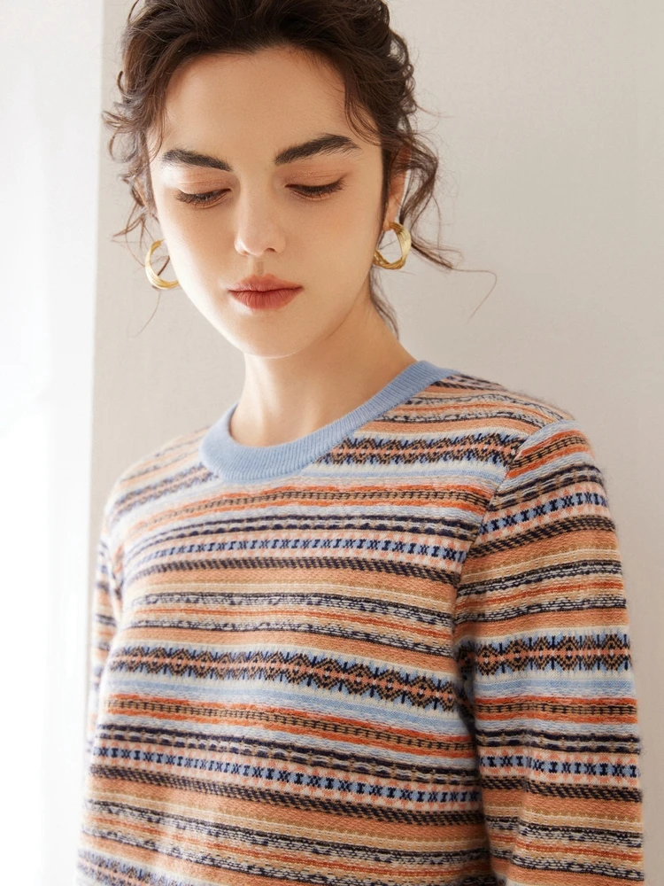 ADDONEE Women Jacquard Cashmere Sweater Autumn Winter O-neck Pullover 100% Cashmere Knitwear Vintage Style Clothing Soft Warm