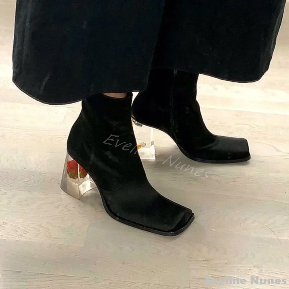 French Rose Crystal Clear Heel Ankle Boots Women Satin/patent Leather Square Toe Zipper Ankle Boots New Luxury Flower Heel Boots