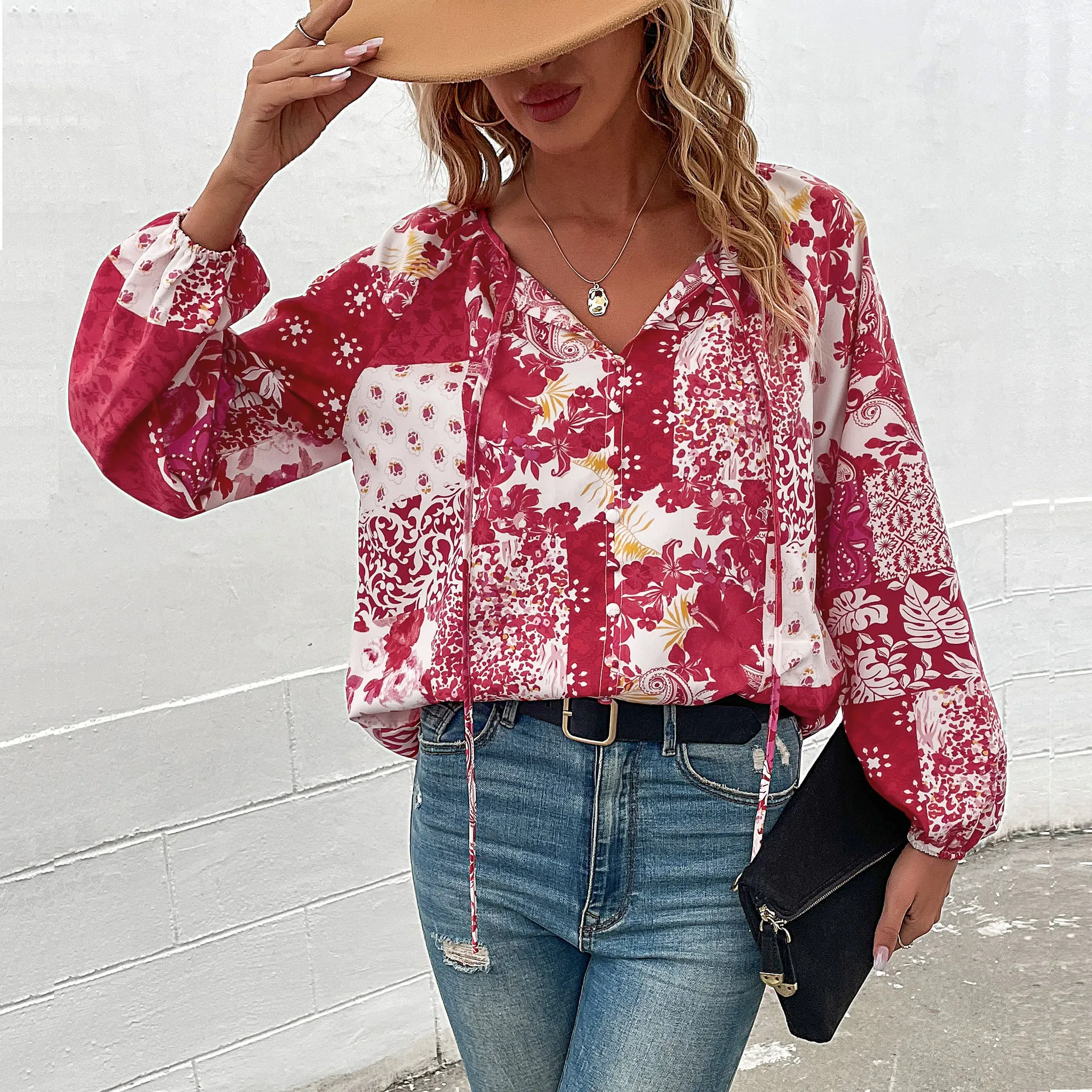 

Long Sleeve Top New Autumn Clothes For Women Fashion Casual Loose Printed Round Neck Lace-Up Blouse Female S-XL