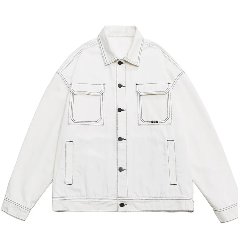 Nueva chaqueta vaquera con hombros caídos de Color contrastante para hombre, chaquetas vaqueras Harajuku con bolsillo grande a la moda en blanco y negro para parejas de talla grande M-5XL