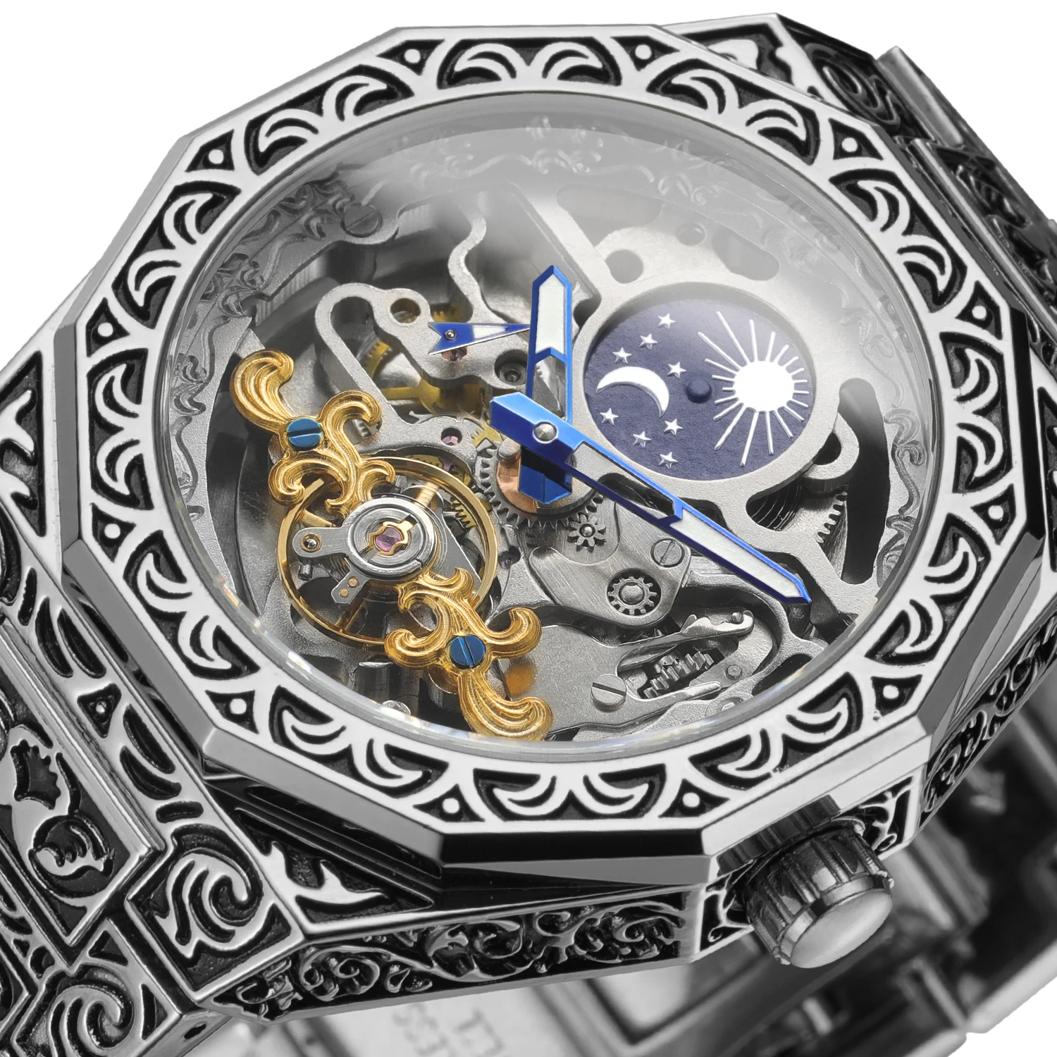 Forsining Retro Tourbillon Mechanical Watch for Men Moon Phase Skeleton Automatic Watches Engraved Stainless Steel Strap Clock