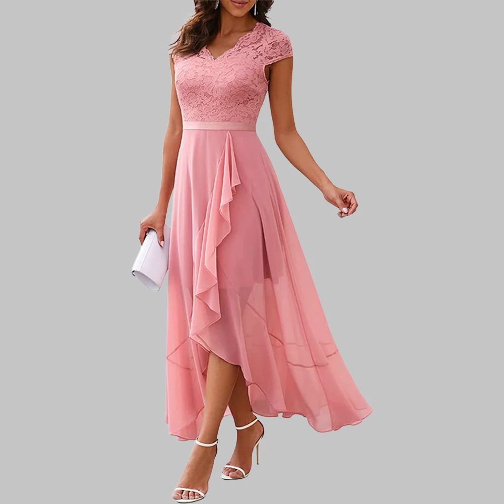 Evening Gowns Women Elegant Fashion Sleeveless Lace Spliced Chiffon Ruffled Irregular Hem Long Dress Summer New Cocktail Dresses