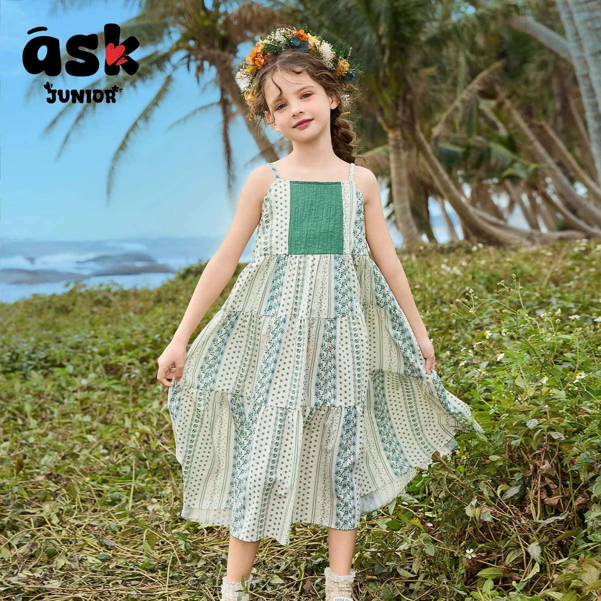 فستان بحمالات صيفي للفتيات الصغيرات الصغار بطباعة شبكية بألوان متباينة #1