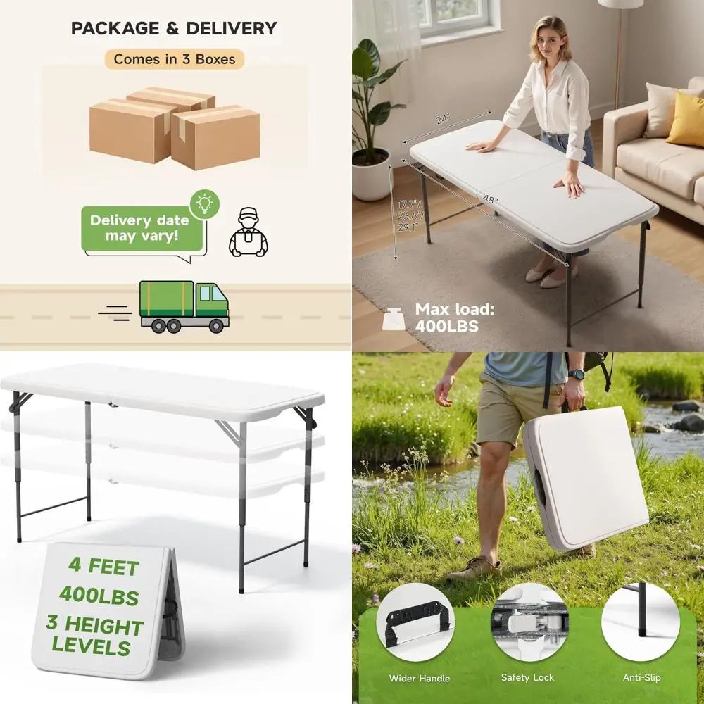 

Регулируемые по высоте складные столы с 3 положениями регулировки - усиленные, выдерживают нагрузку до 400 фунтов, портативные для кемпинга, вечеринок, использования в помещении и на улице, 10 шт.